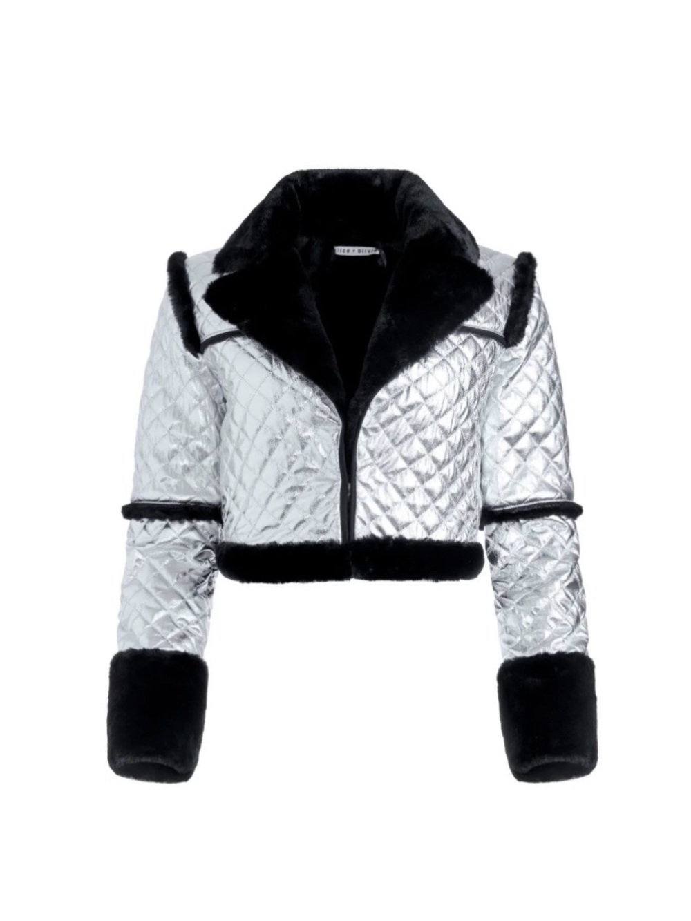 NWT- Alice + Olivia Women's Silver Metallic Quilted Vegan Leather Jacket Size S